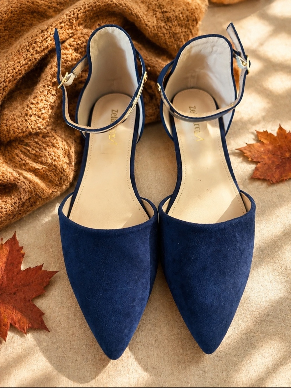 Zara Navy Pointed Toe Ankle Strap Flats